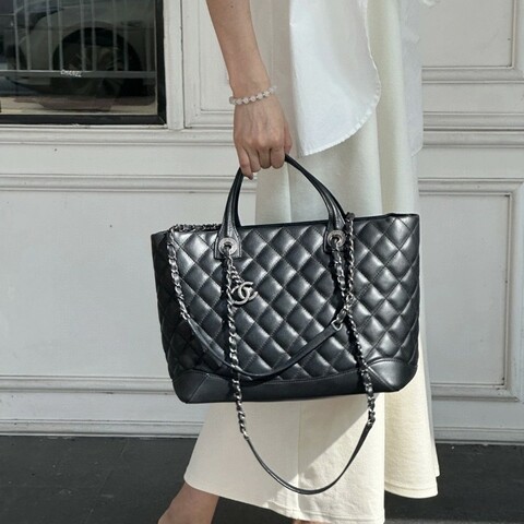 CHANEL Tote 中號菱格紋托特鏈條包 黑銀牛皮 肩背包手提包