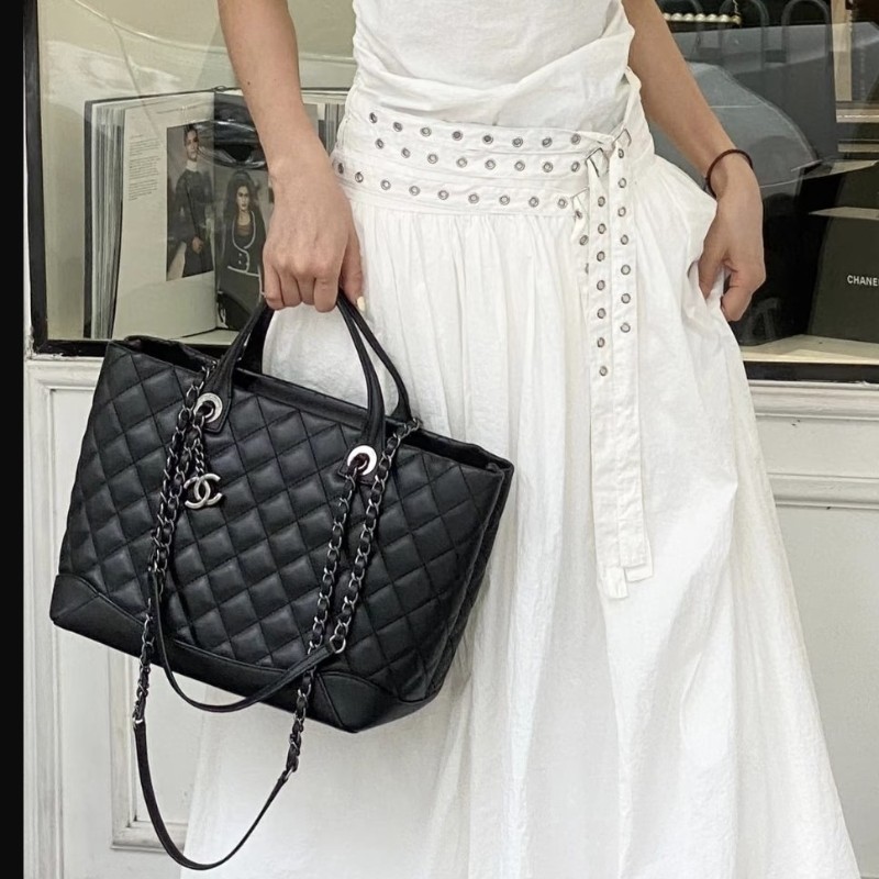 CHANEL Tote 中號菱格紋托特鏈條包 黑銀牛皮 肩背包手提包-2