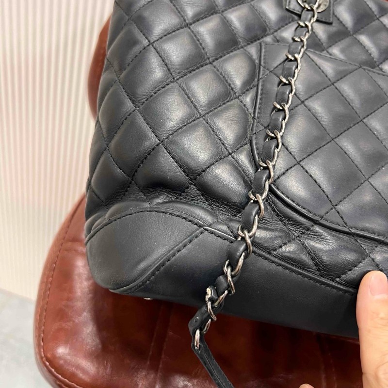 CHANEL Tote 中號菱格紋托特鏈條包 黑銀牛皮 肩背包手提包-6