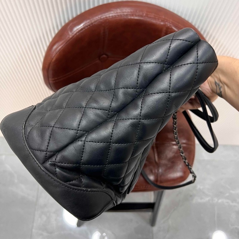 CHANEL Tote 中號菱格紋托特鏈條包 黑銀牛皮 肩背包手提包-12