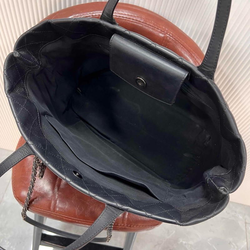 CHANEL Tote 中號菱格紋托特鏈條包 黑銀牛皮 肩背包手提包-14