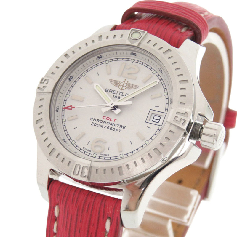 百年靈 Colt 女士腕錶 A77388 不鏽鋼皮錶帶腕錶,白色/紅色錶盤,石英機芯,1591 百年靈-2