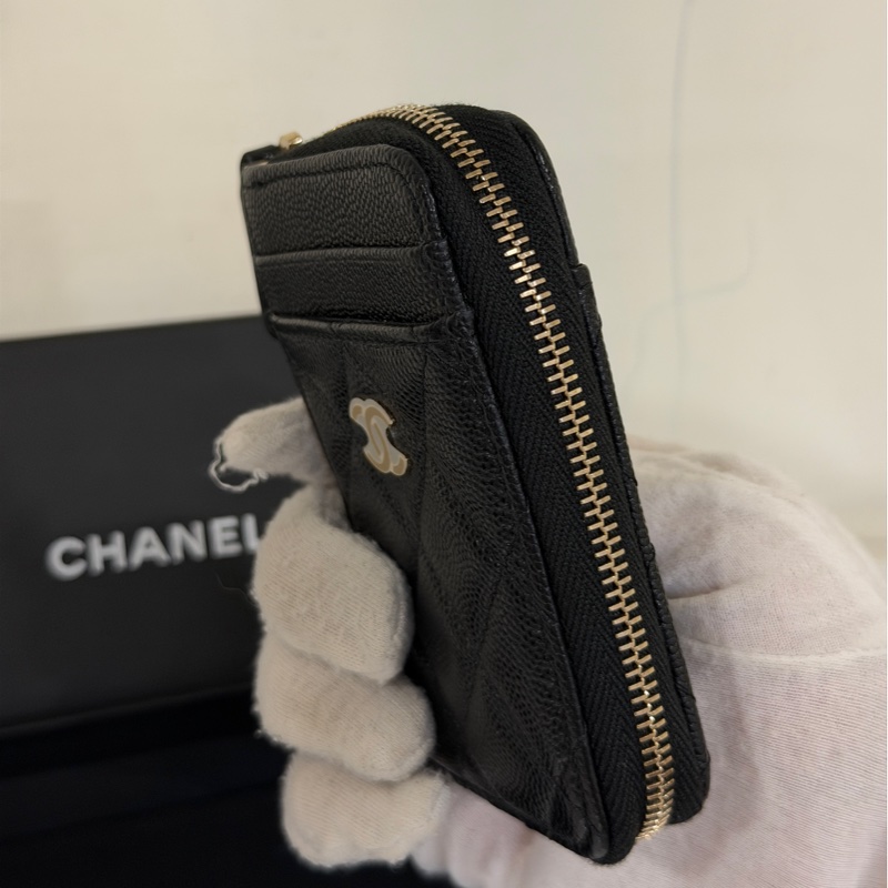#全新帶膜 #全配🉑送禮 香奈兒黑金荔枝牛皮拉鍊零錢包🈶卡夾層-3