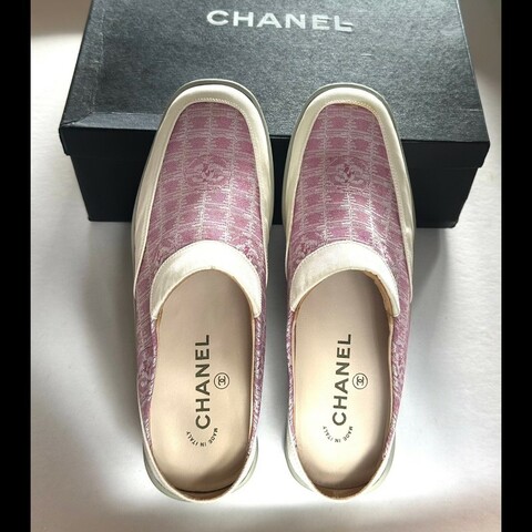 Chanel 旅遊系列 coco mark 粉色緹花織物穆勒鞋