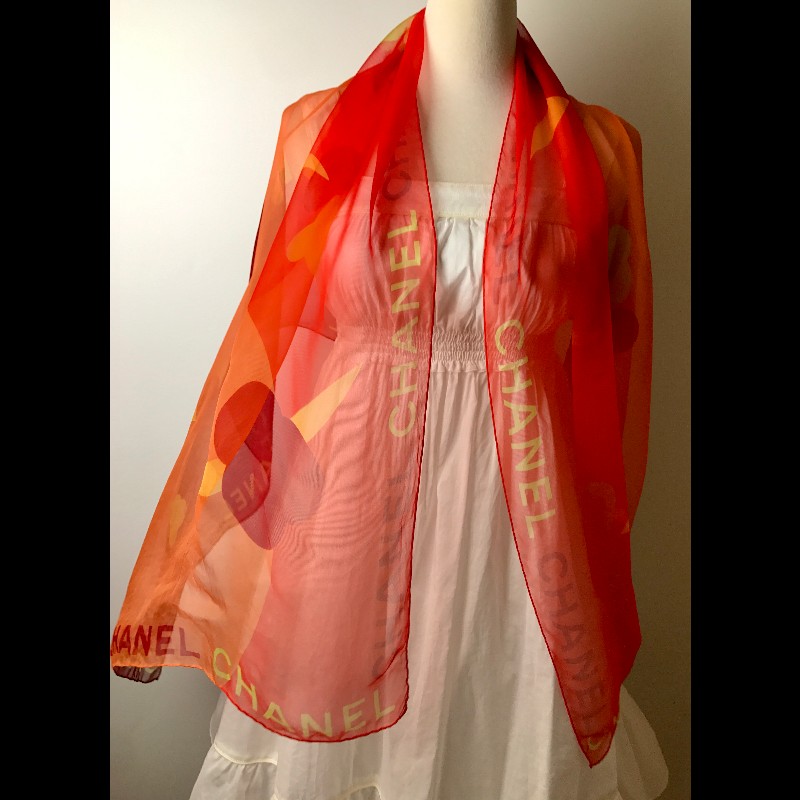Chanel 橘色拼色絲巾-0