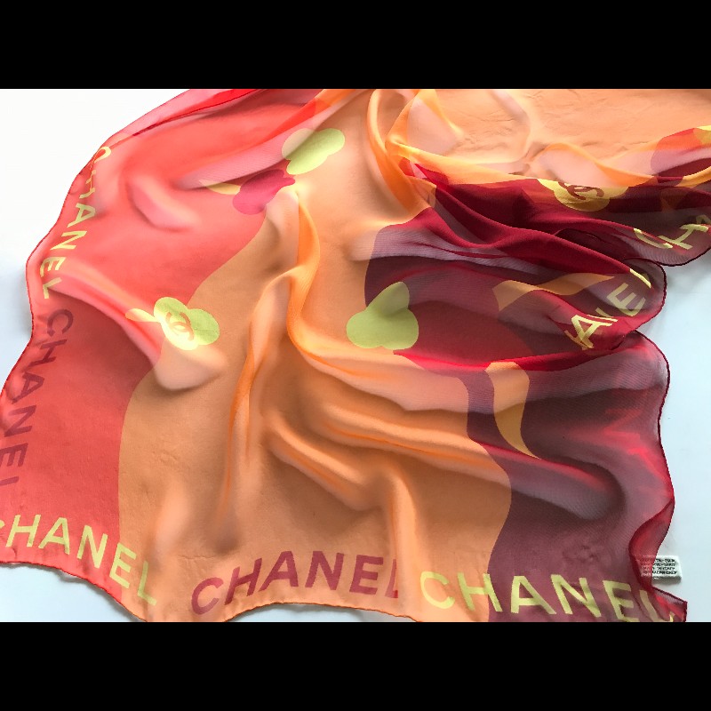 Chanel 橘色拼色絲巾-4