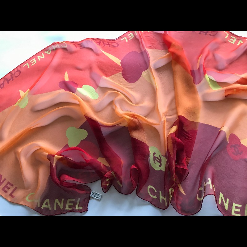 Chanel 橘色拼色絲巾-6