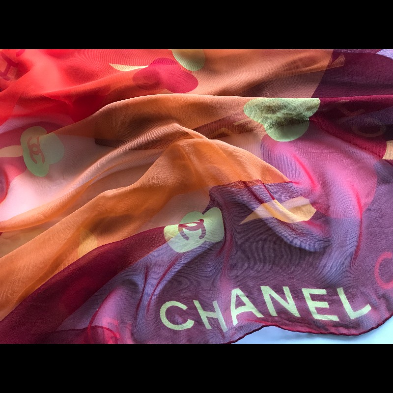 Chanel 橘色拼色絲巾-8