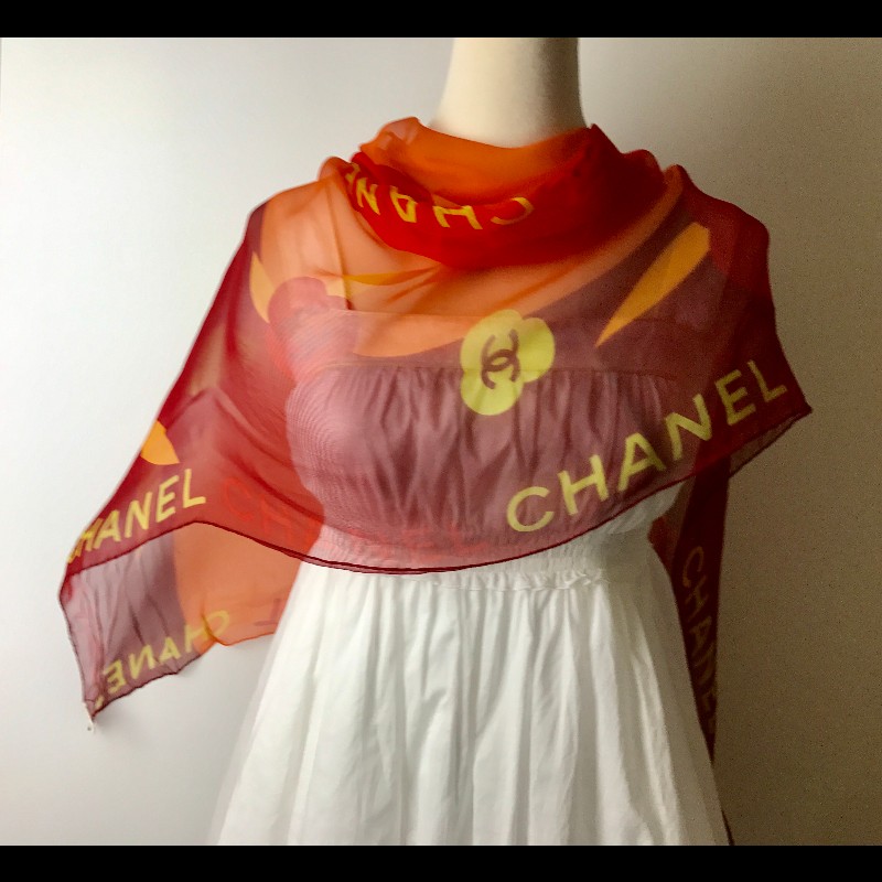 Chanel 橘色拼色絲巾-9