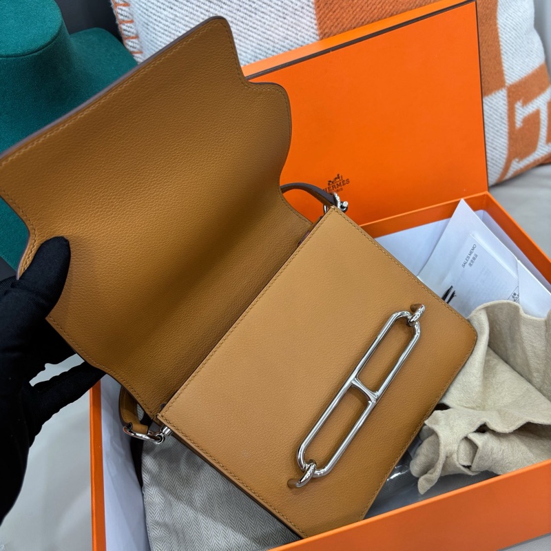 🌈Hermes💗Mini Roulis 19💗焦糖色內拼夏日粉銀扣🌟全套有單💗99新🌟Evercolor皮🌟-1