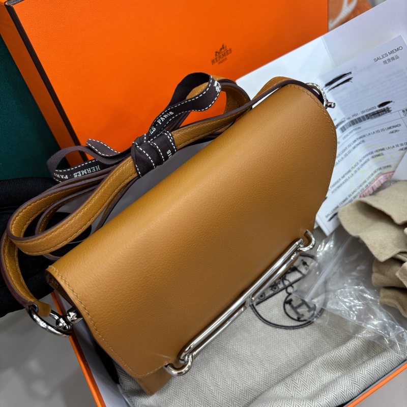 🌈Hermes💗Mini Roulis 19💗焦糖色內拼夏日粉銀扣🌟全套有單💗99新🌟Evercolor皮🌟-3