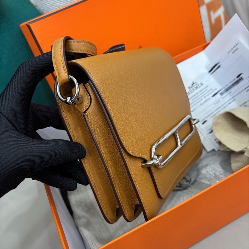 🌈Hermes💗Mini Roulis 19💗焦糖色內拼夏日粉銀扣🌟全套有單💗99新🌟Evercolor皮🌟-4