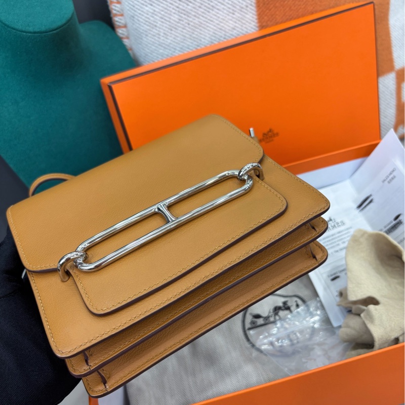 🌈Hermes💗Mini Roulis 19💗焦糖色內拼夏日粉銀扣🌟全套有單💗99新🌟Evercolor皮🌟-5