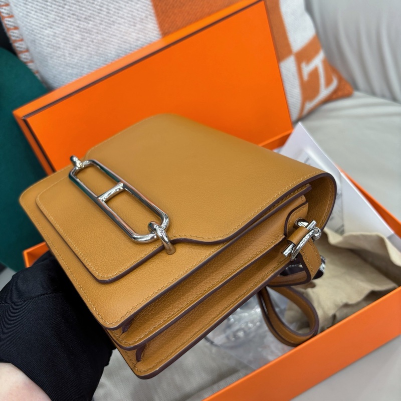 🌈Hermes💗Mini Roulis 19💗焦糖色內拼夏日粉銀扣🌟全套有單💗99新🌟Evercolor皮🌟-6