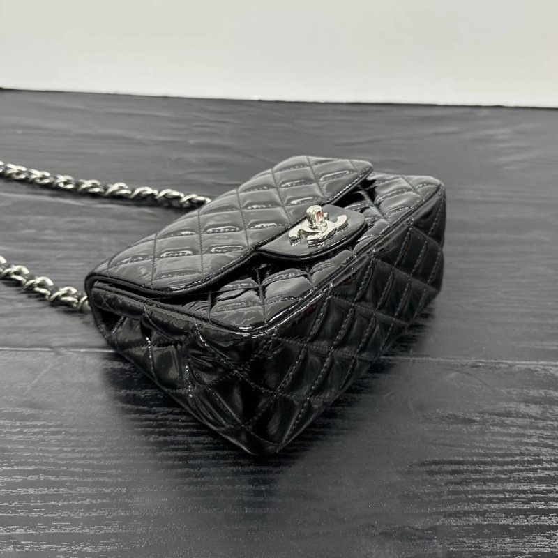 CHANEL 黑銀漆皮方胖子肩背斜背包 16*13*7.5 98新配件塵袋-2