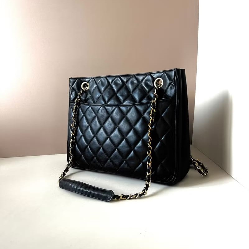 【LA LUNE】稀有中古包 Chanel黑色皮革托特包 單肩包 側背包 二手包 古董包-0