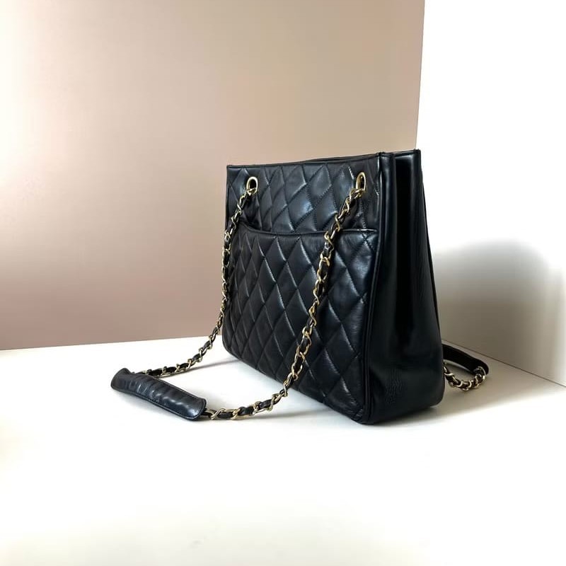 【LA LUNE】稀有中古包 Chanel黑色皮革托特包 單肩包 側背包 二手包 古董包-1