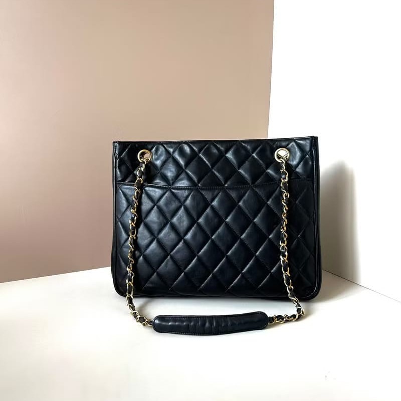 【LA LUNE】稀有中古包 Chanel黑色皮革托特包 單肩包 側背包 二手包 古董包-2