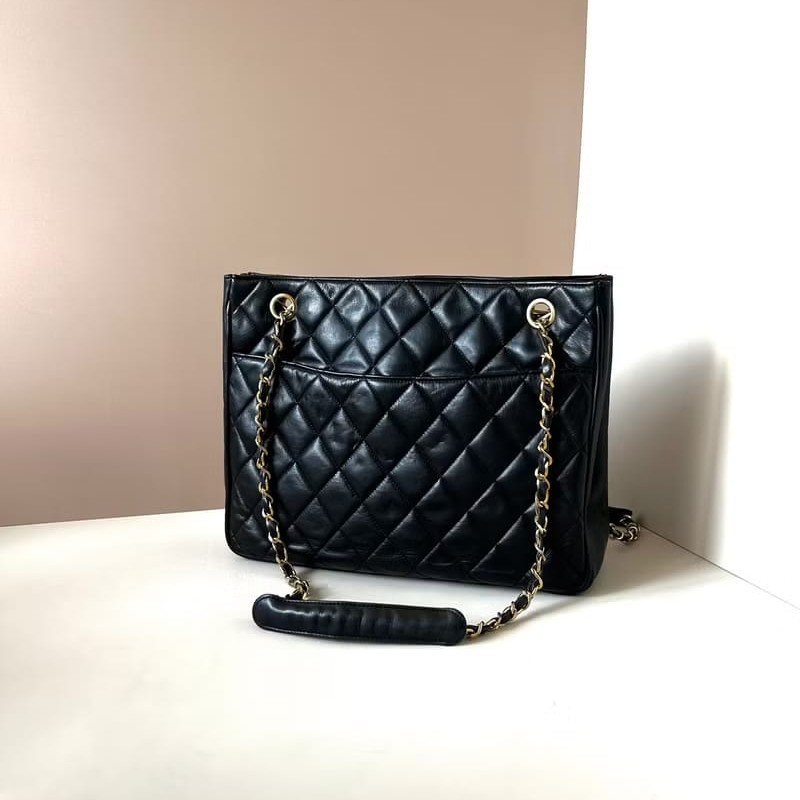 【LA LUNE】稀有中古包 Chanel黑色皮革托特包 單肩包 側背包 二手包 古董包-4