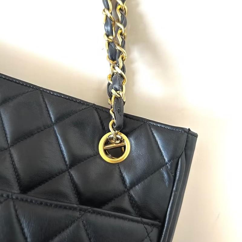 【LA LUNE】稀有中古包 Chanel黑色皮革托特包 單肩包 側背包 二手包 古董包-7