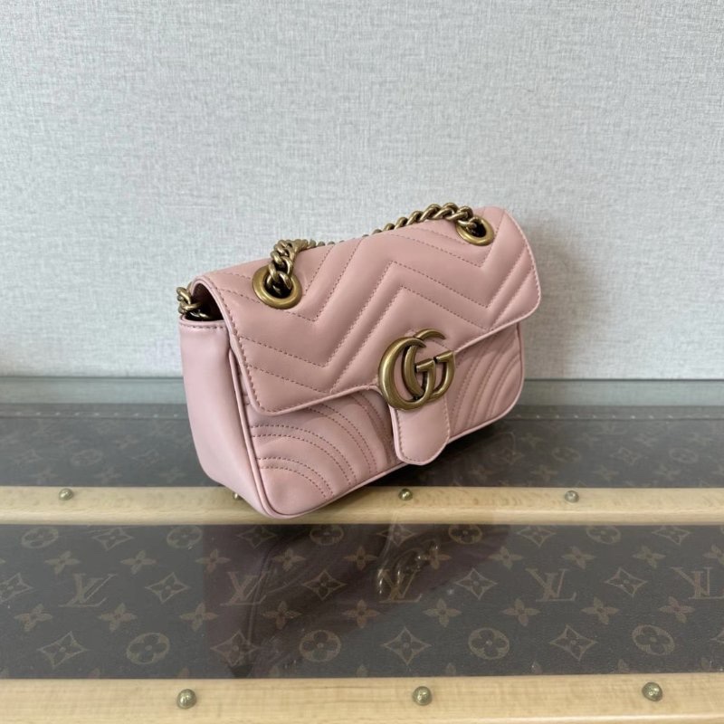 GUCCI 櫻花粉金扣 Marmont馬蒙22肩背斜背鏈條包 22*13*6 98新-1