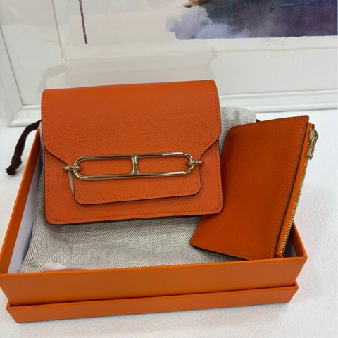 Hermes 愛馬仕 roulis slim 豬鼻子皮夾 橘色銀扣 evercolor皮 U刻 閒置