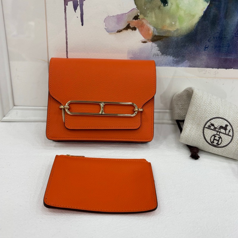 Hermes 愛馬仕 roulis slim 豬鼻子皮夾 橘色銀扣 evercolor皮 U刻 閒置-1