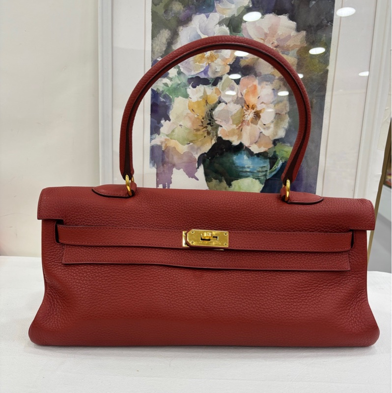 Hermes/愛馬仕 Kelly shoulder42 深紅色金扣 togo皮框M刻-0