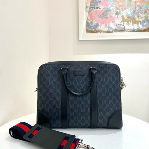 Gucci古馳 黑色老花拼皮手提包肩背包 電腦公事包