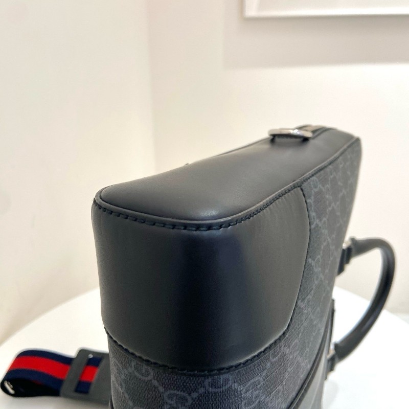 Gucci古馳 黑色老花拼皮手提包肩背包 電腦公事包-8