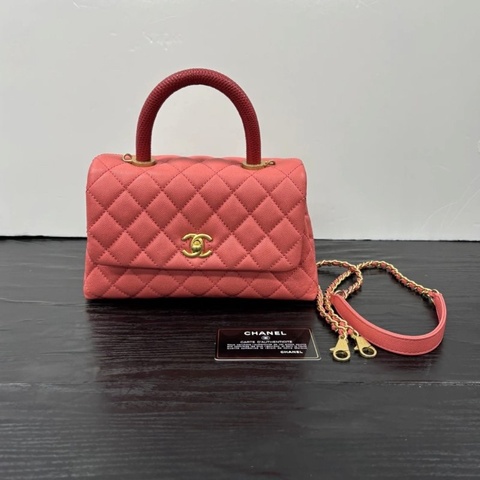 CHANEL CoCohandle小號粉金紅手柄 肩背手提斜背包 23*14*9 99新 配件塵袋保卡