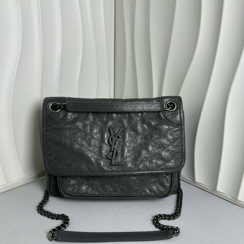 YSL聖羅蘭 Niki 中號灰色牛皮復古皺褶Logo標識鏈條包肩背包斜背包