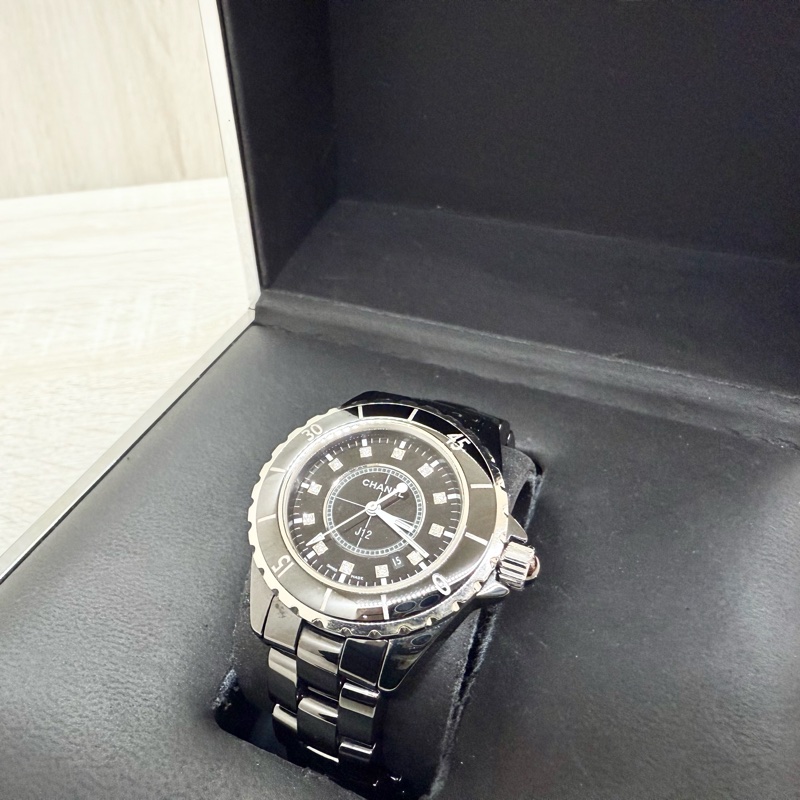 CHANEL黑色陶瓷12點鑽石英錶J12 33mm-7
