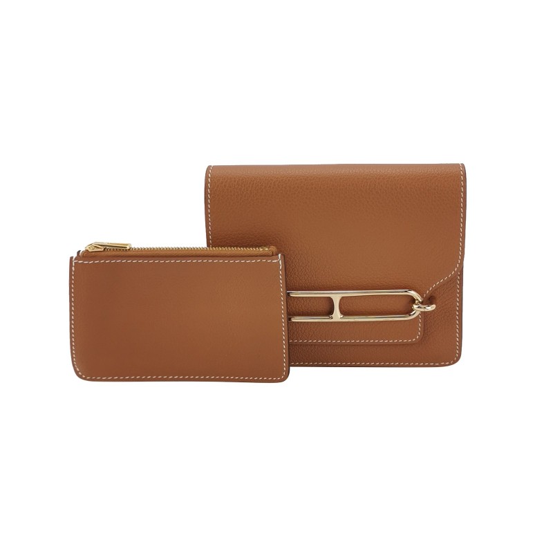 Hermes Roulis Slim豬鼻子錢包Evercolor牛皮金扣37金棕Y刻-0