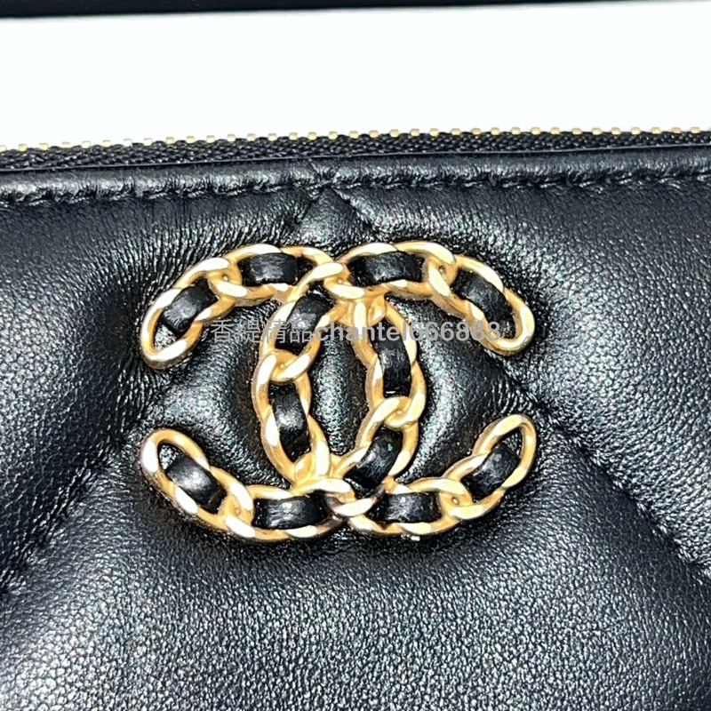 599 Chanel 19 零錢包 羊皮 黑金 極新-1