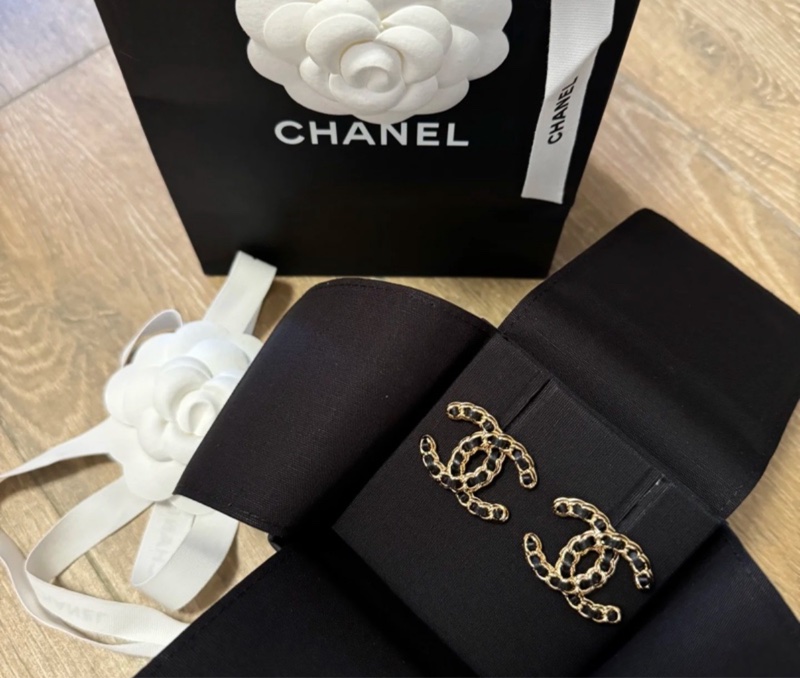 真品 CHANEL 24K 大雙C 經典 皮穿鍊 耳環 耳針 金色 3cm ABD671香奈兒-3