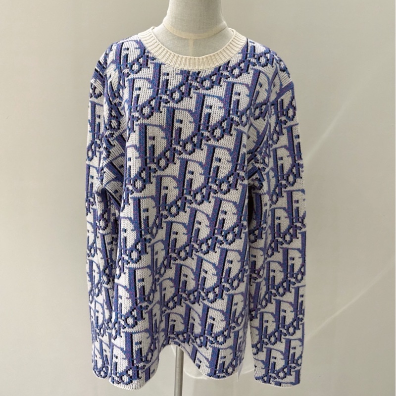 Dior 藍色滿版老花Logo長袖毛衣針織衫 size:L-0