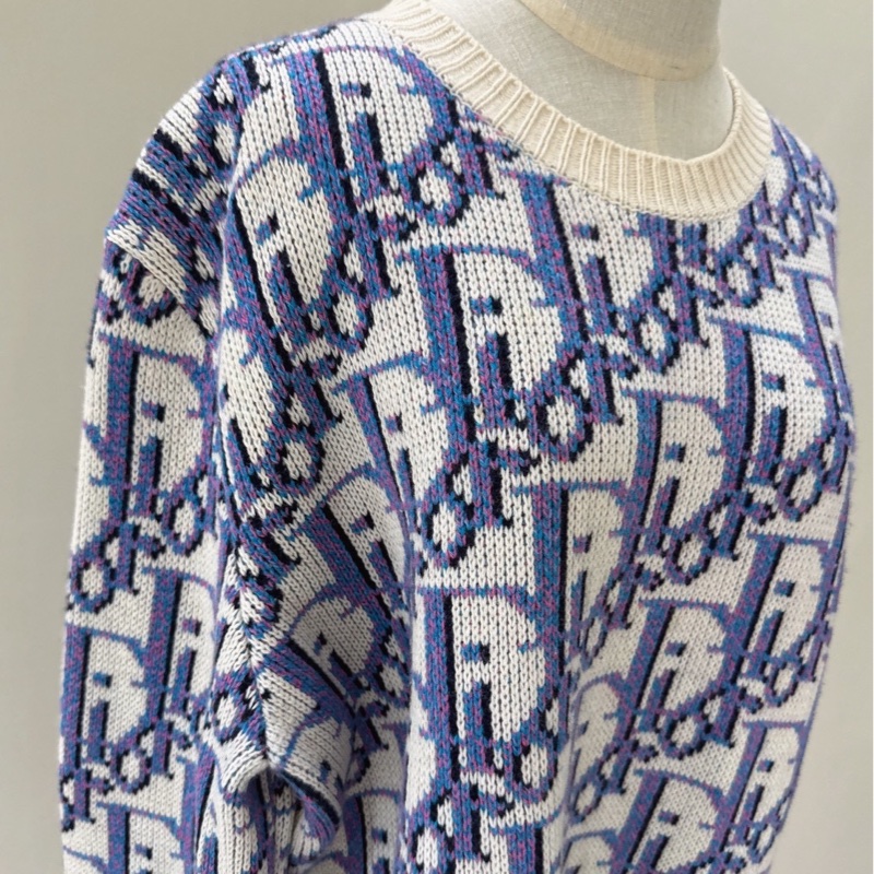 Dior 藍色滿版老花Logo長袖毛衣針織衫 size:L-1