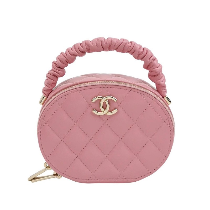 Chanel 羊皮純色菱格絎縫雙CLogo圓餅包手提包-0