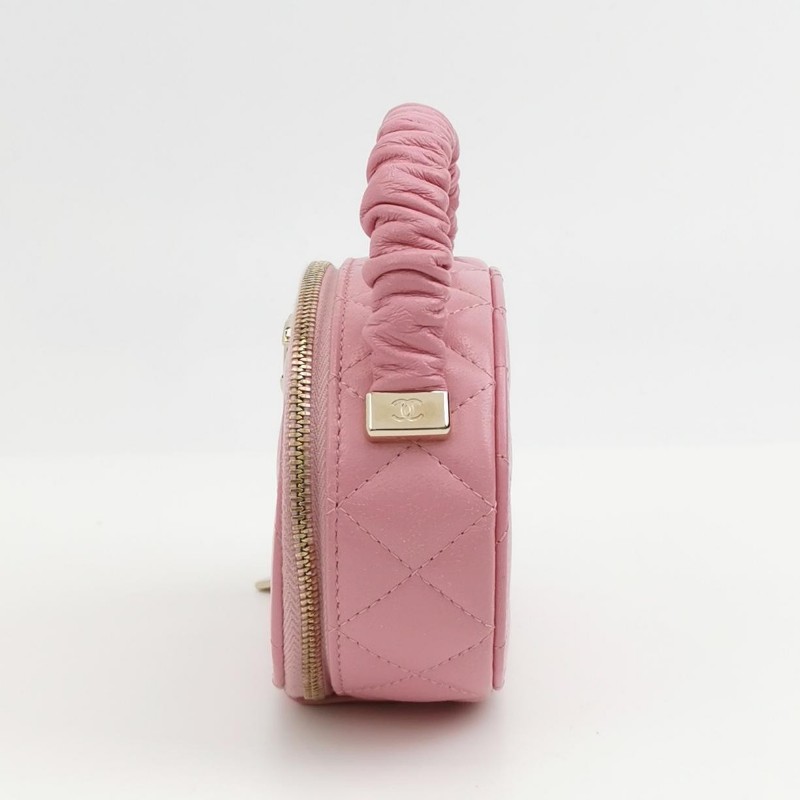 Chanel 羊皮純色菱格絎縫雙CLogo圓餅包手提包-2