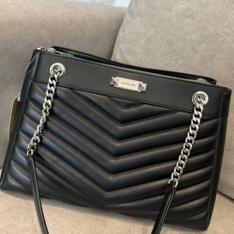 *SHIHNA名牌精品*Mk銀釦縫線皮革鏈帶中型三層托特包