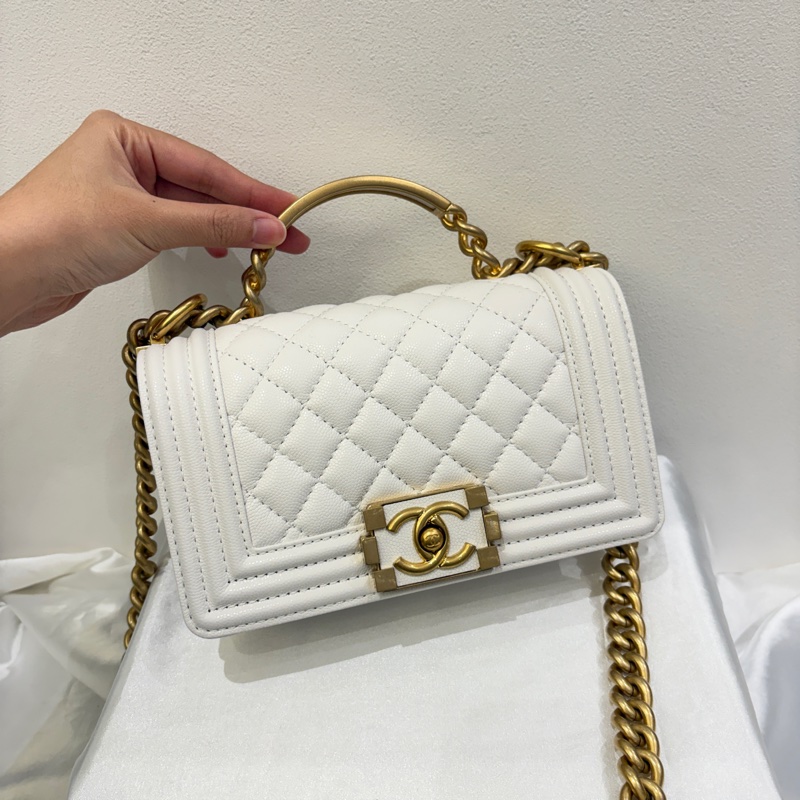 Chanel Boy20白荔枝牛皮手把款-0