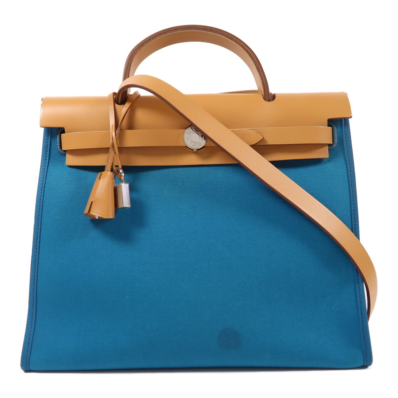 HERMES 帆布Herbag PM銀扣手挽肩背兩用袋Bleu Aztequ-0