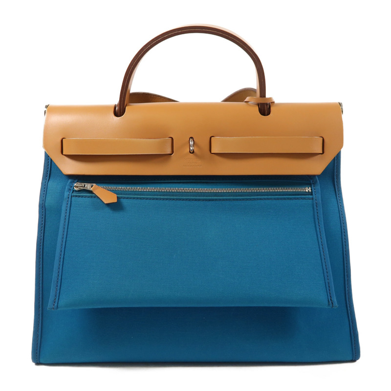 HERMES 帆布Herbag PM銀扣手挽肩背兩用袋Bleu Aztequ-1