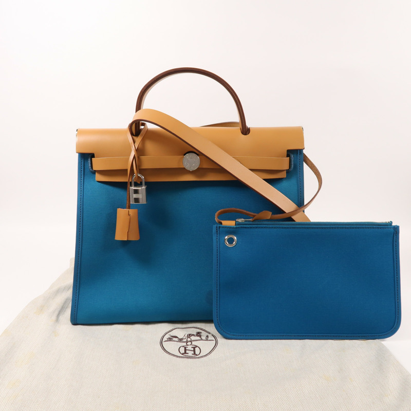 HERMES 帆布Herbag PM銀扣手挽肩背兩用袋Bleu Aztequ-8