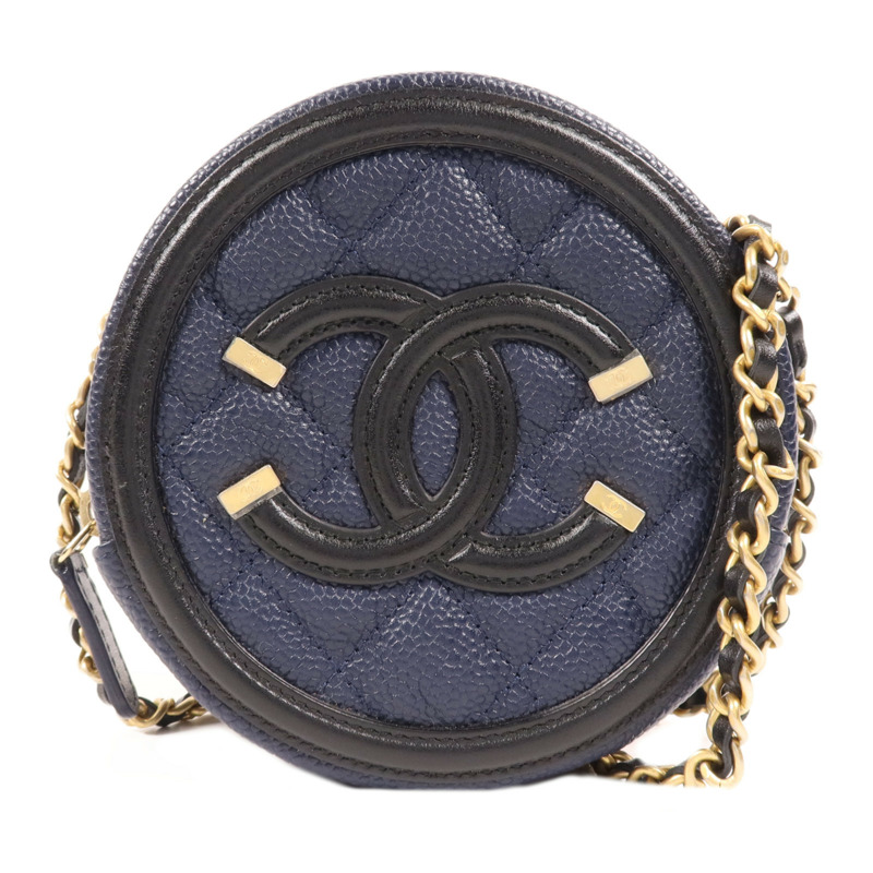 CHANEL 牛皮皮革Filigree Round Bag金扣鏈帶肩背袋-0