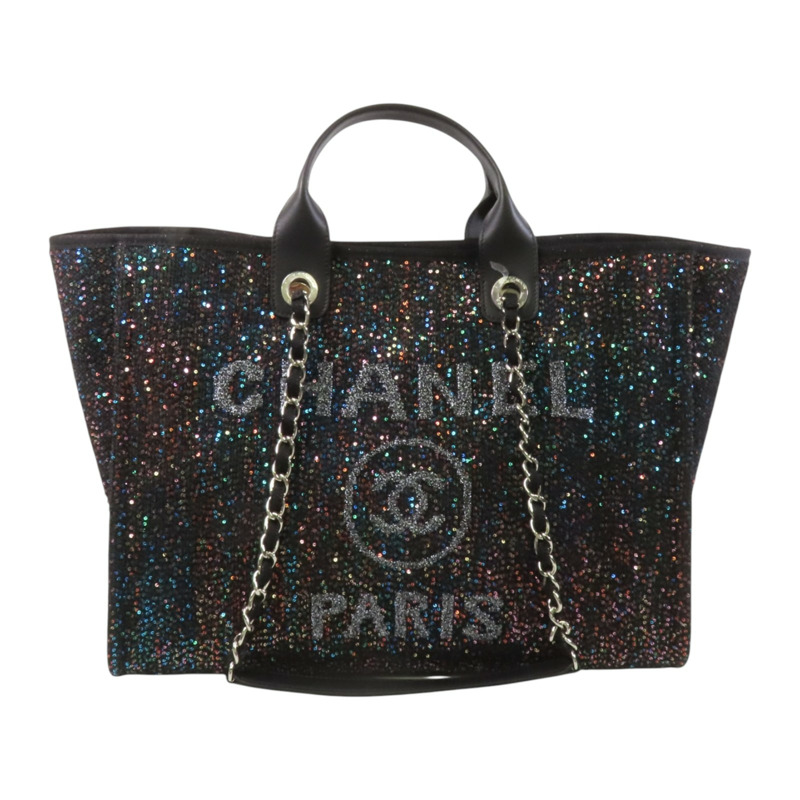 CHANEL 帆布/亮片Deauville Tote銀扣鏈帶手挽肩背兩用袋-0