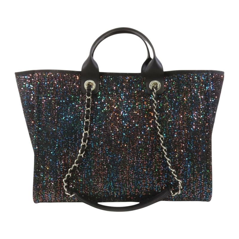 CHANEL 帆布/亮片Deauville Tote銀扣鏈帶手挽肩背兩用袋-1