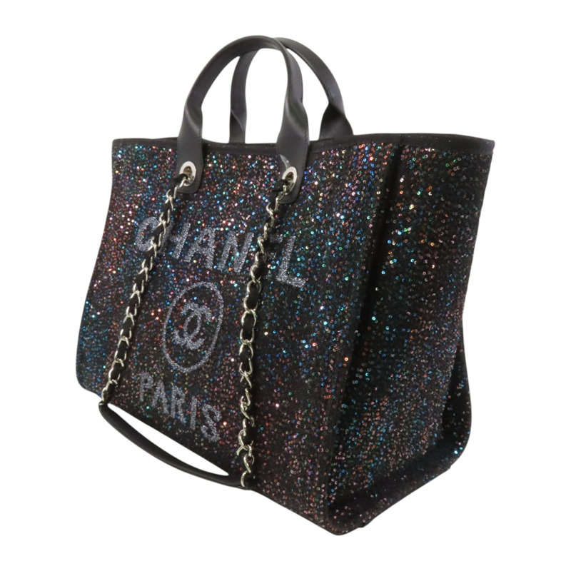 CHANEL 帆布/亮片Deauville Tote銀扣鏈帶手挽肩背兩用袋-2