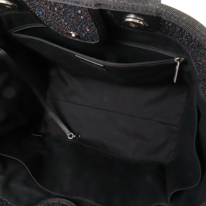 CHANEL 帆布/亮片Deauville Tote銀扣鏈帶手挽肩背兩用袋-4